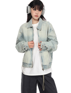 Veste en jean américaine vintage à fermeture éclair STITCHMODE pour l'automne et l'hiver, tendance, délavée, coupe ample, décontractée, streetwear - Product Image 4