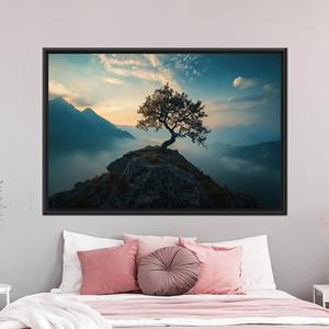ภาพพิมพ์บนผ้าใบลายภูเขาต้นไม้เดี่ยว ภาพพระอาทิตย์ตกอันงดงาม 1P:กรอบสีดำ - Product Image 1