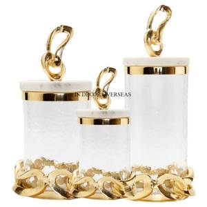 High Grade Gold Plated Fancy Designer <b>Heavy</b> <b>Duty</b> Metal Base And Top Lid With Hammered Texture Glass Food & Other Items Canister - Product Image 1