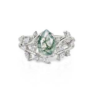 Ensemble de bagues de mariage Jeulia en agate mousse en forme de poire avec feuilles entrelacées - Product Image 1