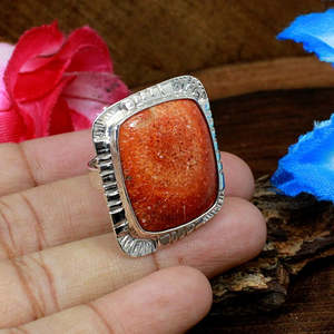 Anillo bohemio de plata de ley 92,5 al por mayor hecho a mano con esponja natural coral piedra preciosa en forma de marquesa corte suave para regalos - Product Image 3