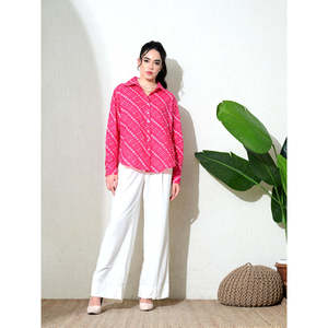 Camisa de Oficina de Algodón con Estampado Bandhani Rosa Extra Grande para Mujer, con Cuello Tejido con Botones, Transpirable, de Secado Rápido, Estilo Bohemio y Fresco para el Verano - Product Image 1