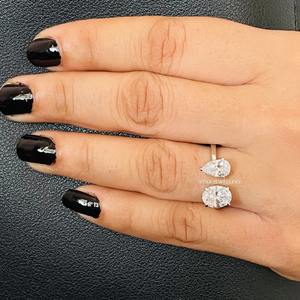 Bague de fiançailles ajustable en or massif 14 carats, luxe chrétien, ovale, taille poire, moissanite, diamant, Toi et Moi - Product Image 5