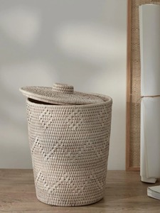 Corbeille à papier moderne en rotin naturel avec couvercle, écologique - Product Image 6