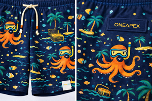 กางเกงชายหาดผู้ชายแบบสั่งทำพิเศษ – กางเกงขาสั้นลำลองพิมพ์ลายการ์ตูนเอวยางยืดพร้อมเชือกผูก (สีกรมท่า) - Product Image 2