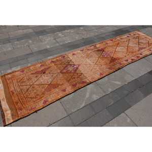 2.8x11.2 ft Vintage Turkish Rug, Runner Rug, <b>Brown</b> Pink Striped <b>Wool</b> Rug - Product Image 2