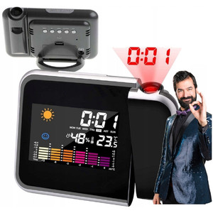Station météo numérique AP28 avec thermomètre d'intérieur, horloge, alarme et projecteur, en plastique - Product Image 1