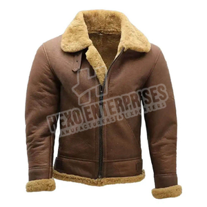 Chaqueta de cuero de piel de oveja para hombre con cuello de piel cinturón ajustable cremallera resistente chaquetas clásicas de bombardero para hombre invierno cálido - Product Image 2