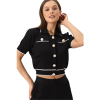 Cardigan court en tricot pour femme, à manches courtes, col polo boutonné, tricot personnalisé, cardigan élastique