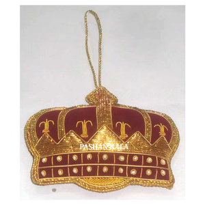 Indian Best Quality Fabric <b>Material</b> <b>Red</b> Crown Shape Golden Zari Embroidery With Beaded Work Christmas Tree Hanging Ornaments - Product Image 1