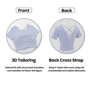 Haut de yoga personnalisé pour femme à manches courtes et dos croisé avec coussinets de soutien-gorge intégrés, crop top respirant en Spandex et Nylon pour Pilates et Fitness - Product Image 3