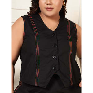 Ensemble coordonné Deebaco pour femmes, noir uni, grande taille, ensemble blazer sans manches à col en V avec pantalon large, tenue occidentale en deux pièces - Product Image 2