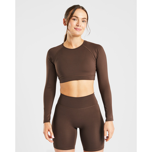 High Demand <b>Brown</b> Women Staple <b>Long</b> <b>Sleeves</b> Crop <b>Top</b> 4 way Stretch Soft And Lightweight Fitness Workout Crop <b>Top</b> Tees for Women - Product Image 1