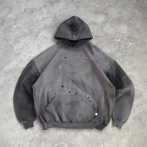 Jersey recortado desgastado vintage en blanco personalizado Sudadera con capucha desgastada con pintura lavada con ácido para hombre sin cuerda - Product Image 3