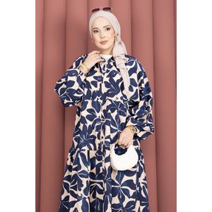 Robe en viscose bleu marine à demi-boutonnage pour femme, motif feuilles élégant, respirante, grandes tailles, décontractée, pour le quotidien et les fêtes, du XS au XL - Product Image 2
