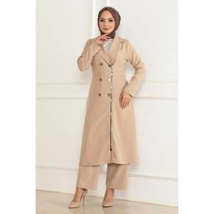 ชุดลำลองสีเบจ 19219 แต่งกระดุมและซิป ชุดเซ็ต 2 ชิ้น ความยาวปานกลางเหนือเข่า สำหรับฤดูร้อน ไซส์ 2XL - Product Image 1