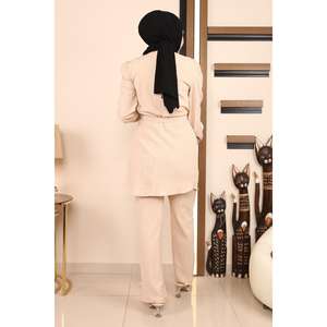 Ensemble 2 pièces beige MSW19140-3 – Hauts décontractés à col rond et longueur midi avec détail chaîne, 100 % polyester, nouveau style - Product Image 5