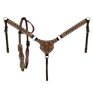 Conjunto de arnés ecuestre occidental - Brida y pechera de cuero con costura floral en una oreja, totalmente personalizables, de alta calidad - Product Image 1