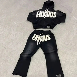 Ensemble de survêtement deux pièces OEM personnalisé pour femme, en coton épais 100%, avec broderie effet vieilli, pantalon de survêtement et lettres délavées à l'acide - Product Image 3