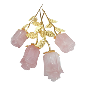 Ramo de Flores de Tulipán de Cuarzo Rosa con Hojas Doradas |   Decoración Floral de Cristal Rosa Hecha a Mano |   Elegante Adorno de Piedras Preciosas para el Hogar, Regalo - Product Image 1