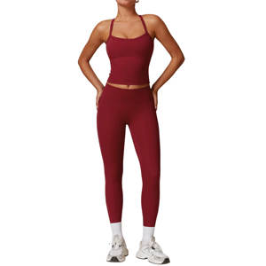 Conjuntos de entrenamiento de alta calidad para mujer, camiseta sin mangas con espalda cruzada de dos piezas, conjuntos de mallas de cintura alta a juego, trajes de gimnasio, ropa de trabajo - Product Image 6