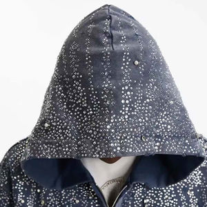Nouveau style : sweat à capuche oversize zippé avec motif galaxie, strass scintillants, motif nuit étoilée, coupe ample, technique de lavage enzymatique - Product Image 3