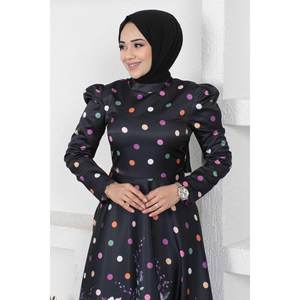 ชุดราตรีทรงบอลกาวน์ผ้าซาตินลายจุดดอกไม้สีดำ ไซส์ XS แต่งโครเชต์แบบธรรมชาติ ยาวลากพื้น เหมาะสำหรับงานแต่งงาน-MSW12251-2 - Product Image 2