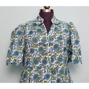 Vestido Midi de Algodón Indio con Estampado Artesanal, Cuello en V, Manga Corta, Silueta en A, para Fiesta, Playa, Verano - Product Image 2