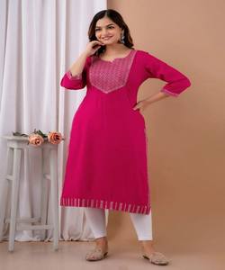 Kurta en coton fantaisie avec broderie, pour un usage quotidien, séchage rapide, taille unique, en stock, prix de gros, vêtement ethnique, rose - Product Image 1
