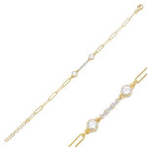 Round with Baguette Zircon Stone Design <b>Charm</b> Bracelet Turkish Handmade Gold Plated 925 Sterling Silver Jewelry for Party & Gift - Product Image 1