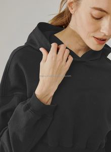 Sweat à capuche en molleton bouclé 100 % coton pour femme, coupe carrée, court, écologique, respirant, imprimé numérique en relief, uni, brodé - Product Image 2