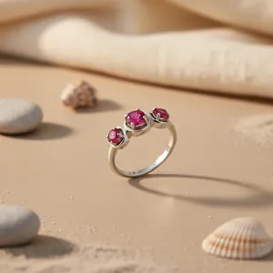 925 Silver Three Stone <b>Ruby</b> <b>Ring</b> Prong Setting Classic Style <b>Women's</b> Everyday Wear - Product Image 3