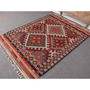 Tapis turc vintage 4,4 x 6,1 pieds, tapis d'intérieur, tapis en laine rouge Kilim - Product Image 2