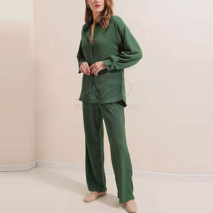 Conjunto de 2 Piezas Ecológico para Mujer, de Algodón con Botones, con Top de Manga Larga y Pantalones de Corte Regular para Uso Diario Informal - Product Image 5