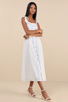 Vestido Maxi Bohemio de Lujo, Bordado, de Algodón Orgánico Ecológico, Corte en A, Cuello con Lazo, Tirantes Finos, Cierre de Botones, Natural