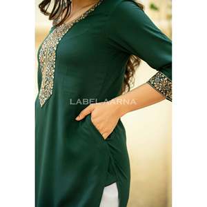 Vestido de fiesta informal de estilo coreano elegante Kurti bordado de rayón de viscosa verde para mujer diseño personalizado hasta la rodilla volantes ODM - Product Image 2