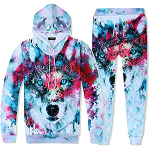 Unisex 3d print casual hooded tracksuit for men with designs anime winter wolf 3d digital color printing loose fit jogger suit