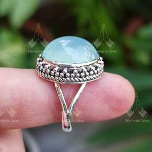 Natural Blue Chalcedony <b>Ring</b> Handmade <b>Statement</b> Jewelry with 18K Plating Elegant Inlay Setting Perfect Gift for Her - Product Image 3