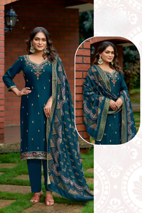 Latest <b>Viscos</b> Upada Heavy Chinon Formal Embroidery Work Knee-Length Loose Fit Kurti with Embroidered Pant Dupatta for Parties - Product Image 3