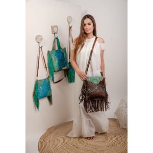 High Quality <b>Boho</b> Vintage Women's Western-Style Turquoise Stone Leather Shoulder <b>Bag</b> Single Strap Embroidery Fringe New Hide Fur - Product Image 2