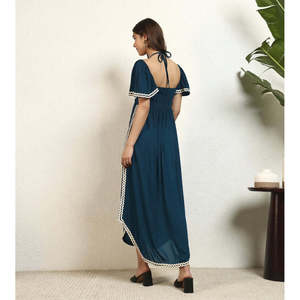 Deebaco Women's Navy Blue Off-Shoulder Maxi <b>Dress</b> With Contrast Binding Loose Boho Style Chiffon Summer Casual One Piece <b>Dress</b> - Product Image 4