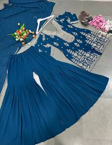 Lancement d'un nouveau look de soirée de créateur, haut fantaisie Dupatta et pantalon entièrement cousu avec séquence de broderie, costume de robe de travail - Product Image 1