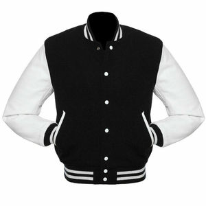Veste varsity homme noir et blanc à blocs de couleur, corps en laine, manches en cuir PU, boutons pression, col montant, style bomber décontracté - Product Image 1