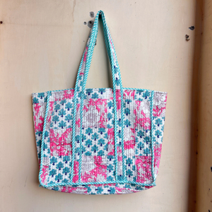 Bolso grande de algodón acolchado con volantes, ecológico, sostenible, resistente, para compras de comestibles, hecho a mano, bloque Vintage impreso Boho - Product Image 1