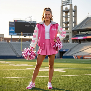 Customized Cheerleading Embroidered <b>Jacket</b> With <b>Rhinestones</b> Wool PU Leather Sleeves Color Block Warm-Up For Cheer Competition - Product Image 6