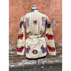 Bata de baño corta con estampado de animales para mujer, abrigo de algodón tejido a mano, kanta étnica, chaqueta de invierno hecha a mano, venta al por mayor - Product Image 6