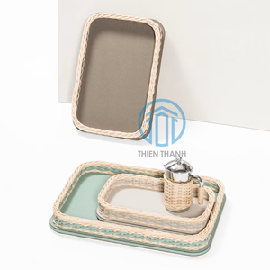 Tendance chaude contemporaine Plateaux de service rectangulaires en rotin laqué Plateau décoratif en rotin mélangé élégant du Vietnam - Product Image 5