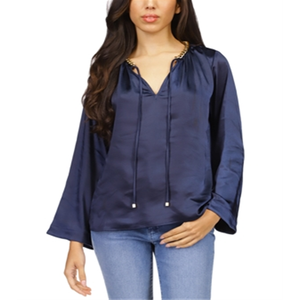 Top Michael Kors da donna a maniche a campana larghe con scollo a catena in raso chiffon lavorato a maglia XL Primavera/Estate Casual Corto con logo - Product Image 3
