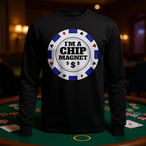 T-shirt à manches longues « Je suis un joueur de casino chanceux, gagnant de jetons de poker » – T-shirt promotionnel haut de gamme sur le thème du casino - Product Image 3