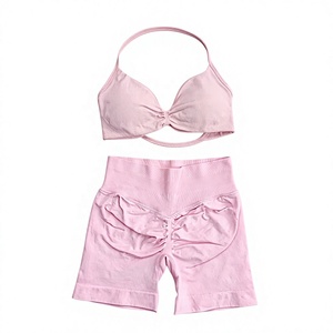 Custom Wholesale Women Plus Size 2 Piece Yoga Set Loop <b>Back</b> Sports <b>Bra</b> & High Waist Shorts Fitness Ruched Seamless Sports Wear - Product Image 1